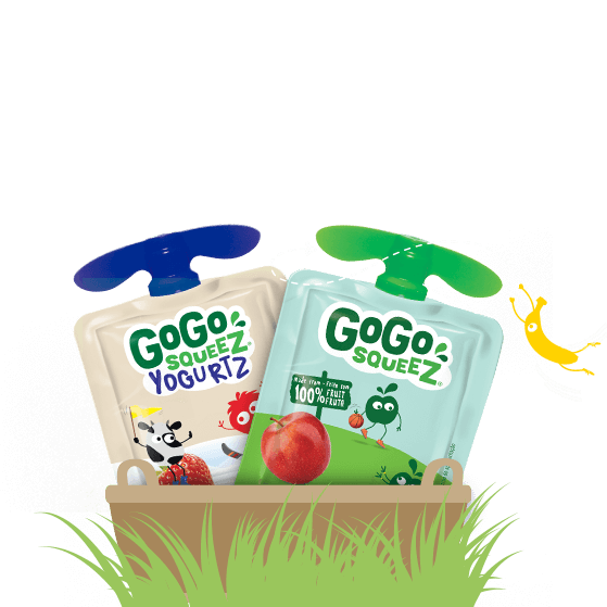 pouches in a basket sitting in grass.